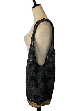 Black Woven Tote with tan and black jute bottom.